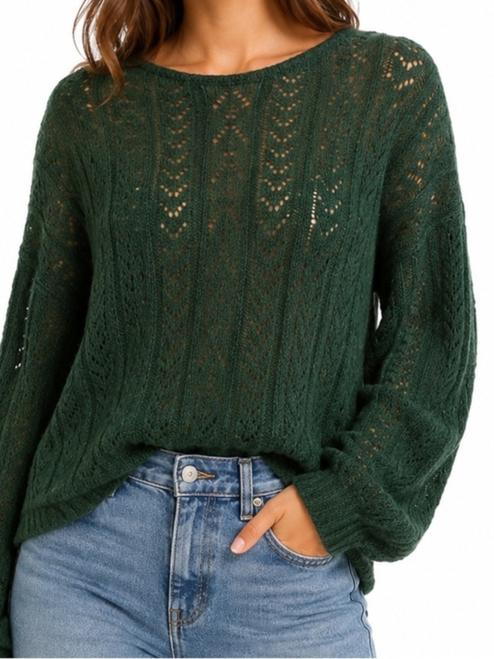Bishop + Young Green Open Knit Tie Back Sweater Size Large Boho Lightweight
